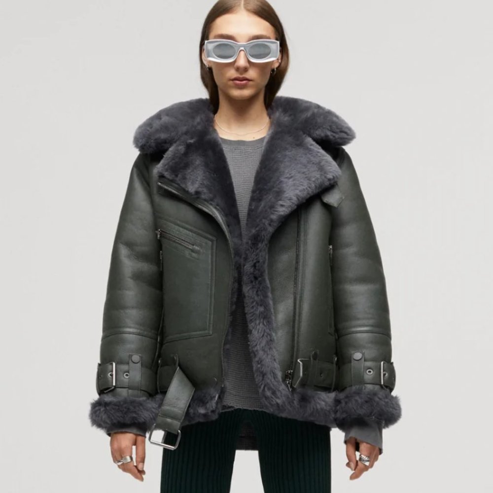NWT The Arrivals Moya V Shearling Jacket in Storm